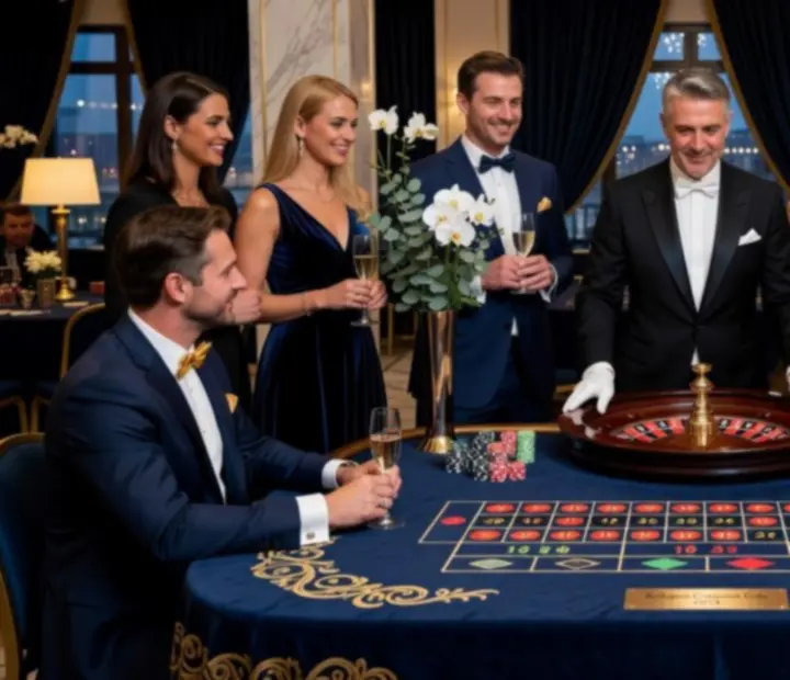 Elegáns rulett asztal fényűző rendezvényhelyszínen, elegáns vendégekkel